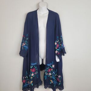 Roaman's Kimono Navy Blue 2X Duster Topper Floral Embroidered Boho Hippie